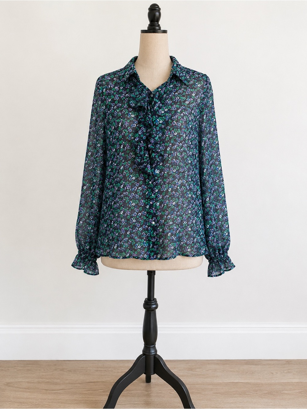Floral Ruffle Tie-Neck Blouse - Navy/Green Whimsy Dopamine Dressing